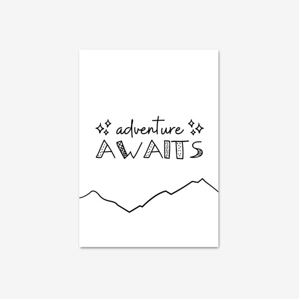 adventure awaits print, travel quote poster, emigrating gifts, kids wall art, playroom prints, mountains, home decor, going travelling
