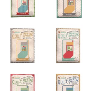May include: Six different quilt block patterns for holiday stockings. Each pattern is on a separate card with a vintage-style design. The patterns include candles, chapel, presents, Christmas trees, poinsettia, and Noel.