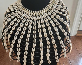 Authentic African Statement Ethnic Cowrie Sea Shell Beaded Tassels Collar Necklace