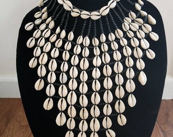 Authentic African Statement Ethnic Cowrie Sea Shell Beaded Tassels Collar Necklace