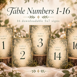 May include: A set of sixteen 5x7 inch table number signs featuring a forest-themed illustration with dark green text. Each sign displays the word TABLE above a large numeral, surrounded by a border of green trees and soft golden light accents.