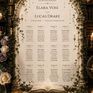 Può includere: Un cartello per il tableau de mariage con una cornice in pietra ad arco decorata con edera, che riporta i nomi Elara Voss e Lucas Drake, la data 22 giugno 2025 e la location Celestial Peaks Estate, con dodici tavoli di nomi degli ospiti.