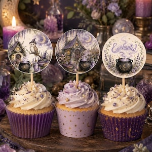 May include: Three cupcakes with purple and white frosting, topped with round paper toppers featuring illustrations of a cottage, an owl, and a cauldron with the text Enchanted, all set in purple cupcake liners with gold star and moon patterns.