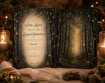 May include: Two rectangular wedding invitation cards featuring a dark forest scene with glowing fireflies, mushrooms, and trees. The left card displays text announcing the marriage of Elide Lochan and Lorean Salvaterre on May fourteenth, twenty twenty-seven.