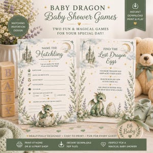 May include: Two baby shower game cards featuring a baby dragon theme with cream backgrounds, gold stars, and castle illustrations. The cards are titled Name the Hatchling and Find the Lost Dragon Eggs, with green dragon graphics and blank lines for writing.