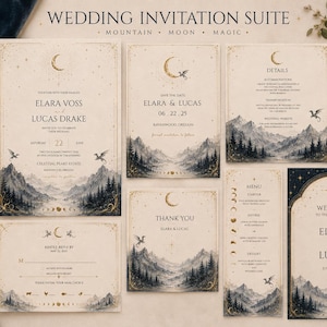 May include: A wedding invitation suite with a mountain and moon theme. The suite includes invitations, details cards, a menu, and a welcome card. The design features a mountain landscape, a crescent moon, and the text "ELARA VOSS LUCAS DRAKE".