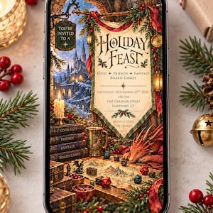 Fantasy Holiday Feast Invitation |  Potluck Party | Board Game Night | Editable Canva Template | Digital Invite