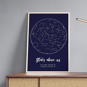 Mapa estelar personalizado, mapa de constelaciones, mapa del cielo nocturno, gráfico estelar personalizado, mapa estelar personalizado por fecha, debajo de las estrellas, regalo de cumpleaños