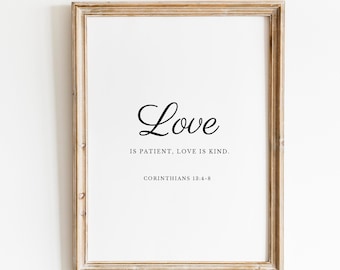 1 Corintios 13 4, Impresión de versículos bíblicos, El amor es paciente, Arte moderno imprimible, Regalo de bodas, Impresión de arte de pared de las Escrituras