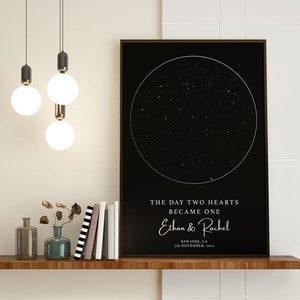 Mapa estelar personalizado, mapa estelar por fecha, mapa de constelaciones personalizado, impresión del cielo nocturno, pareja de regalo de boda, regalo de compromiso, impresión de casa nueva
