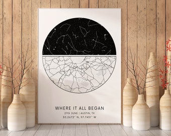 Personalised Coordinate, Custom Star Map, Where It All Began, Constellation Print, Wedding Gift, Anniversary Gift, Couple Gift, Gift For Her