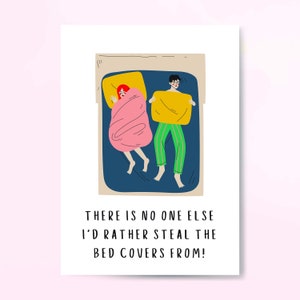 Tarjeta de San Valentín, robar las cubiertas de la cama, tarjeta de San Valentín divertida, linda tarjeta de San Valentín, para novio, novia, tarjeta de aniversario