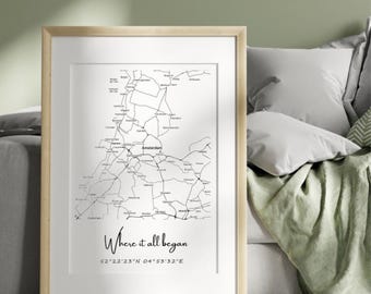 Personalized City Map, Custom Street Map, Anniversary Gift, Map Print, Where It All Began, Where We Met, New Home Gift, Coordinates Print