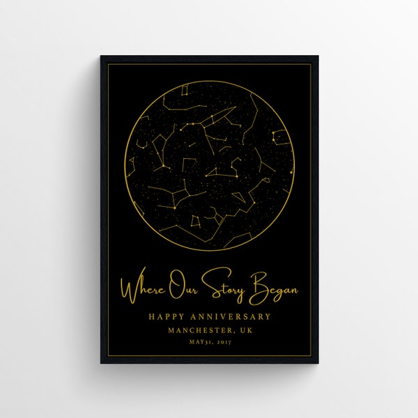 Custom Star Map, Night Sky Print, Star Map By Date, Constellation, Couples Gift, Where We Met, Stars Above, The Night We Met, Gold Foil Look