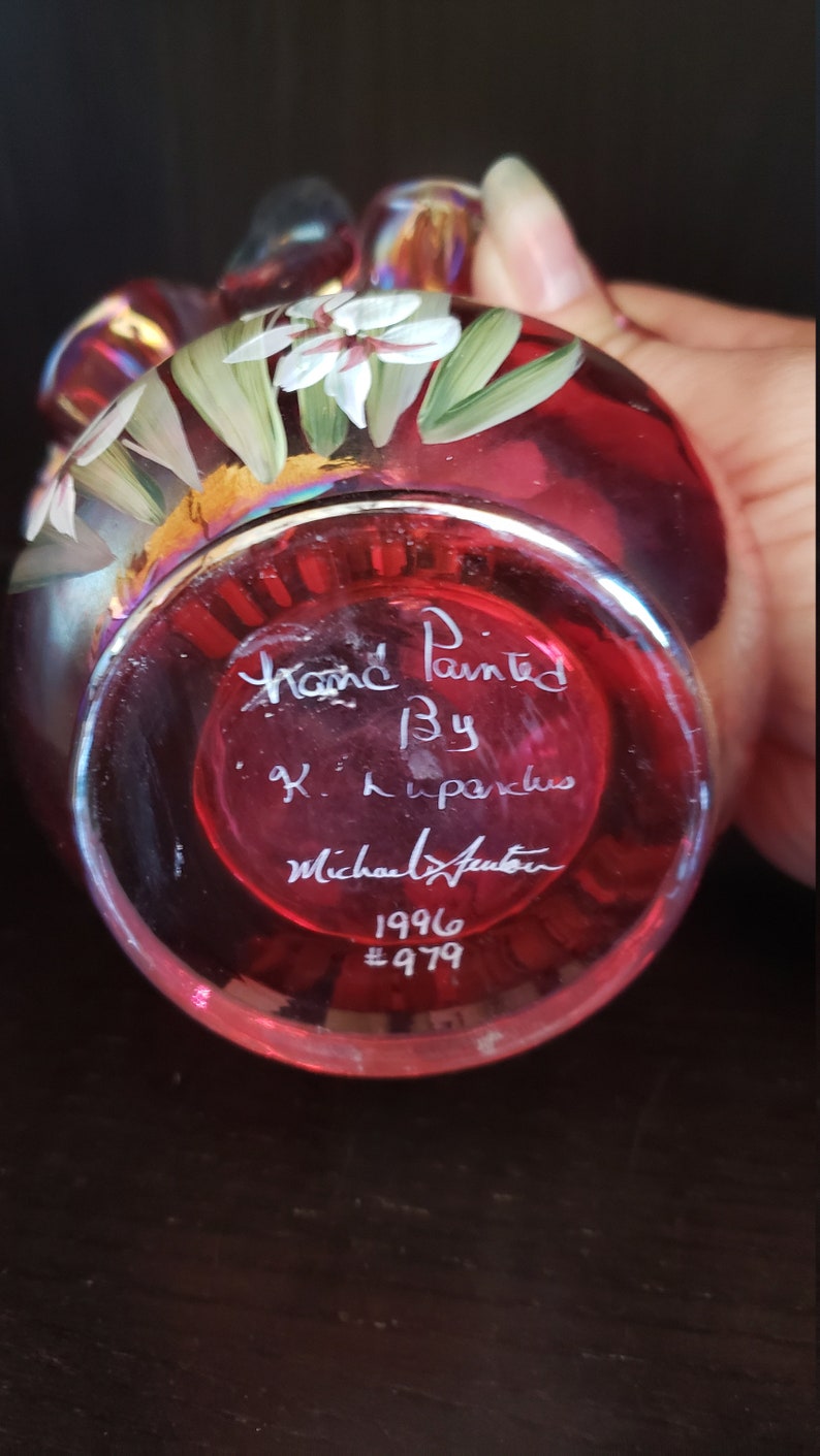 1996 Fenton Handpainted Cranberry Glass Basket