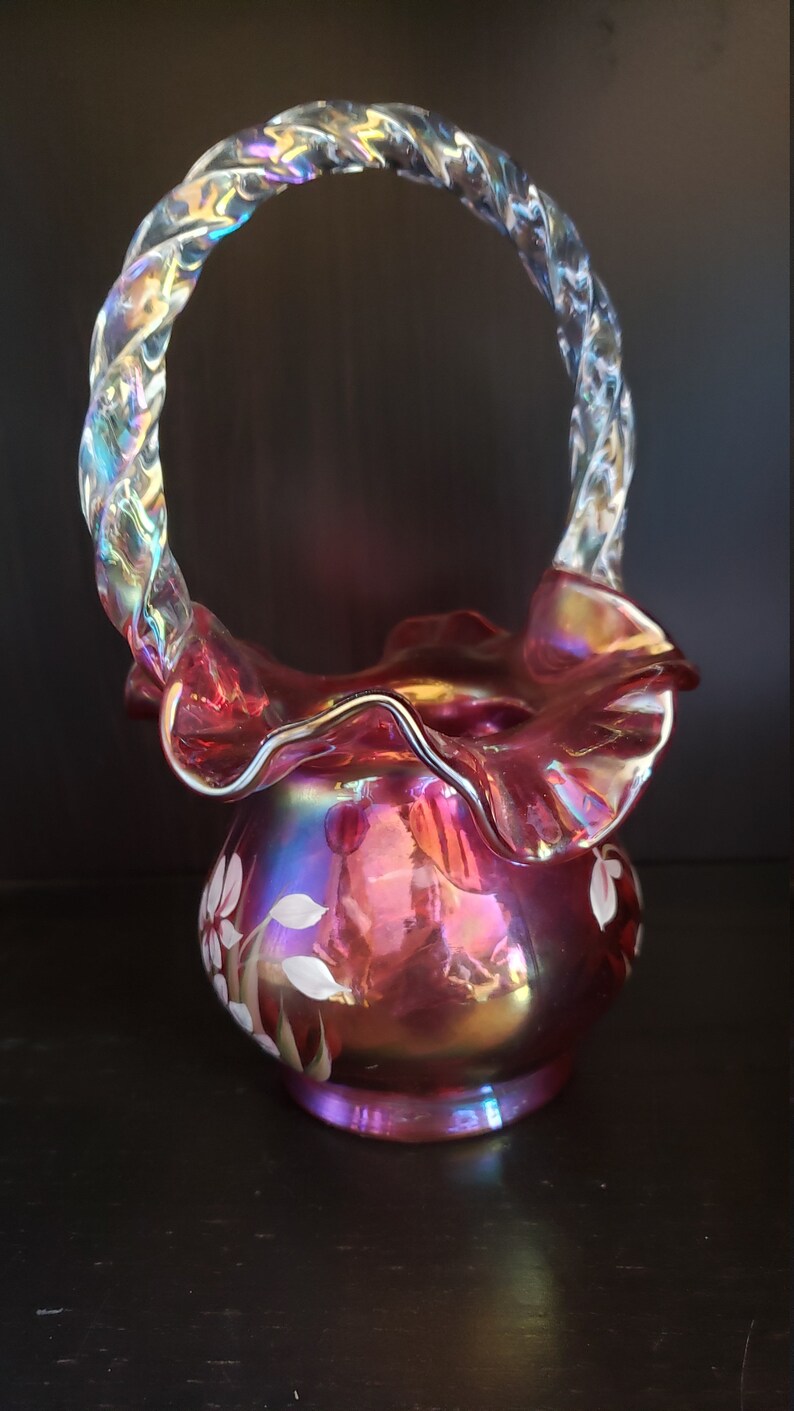 1996 Fenton Handpainted Cranberry Glass Basket