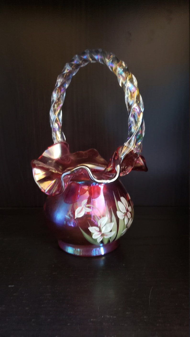 1996 Fenton Handpainted Cranberry Glass Basket