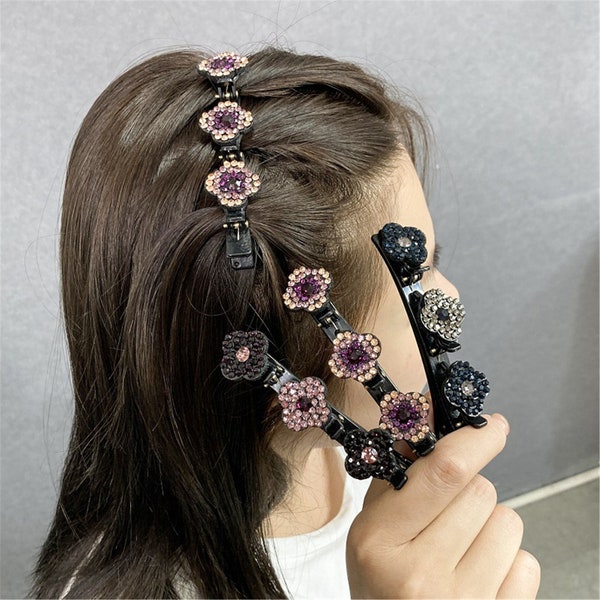 2 Pack Sparkling Crystal Clover Braided Hair Clip, Delicate Flower Hairpin Barrette, Designer Hair Clip, Fairy Barrette, Hair Accessories.