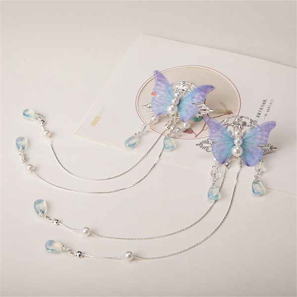 A Pair Butterfly Hair Clip with Tassels, Hanfu Hairpin, Chinese Hair pin, Fairy Hair Clip, Metal Hair Claw, Hanfu Hair Accessories.