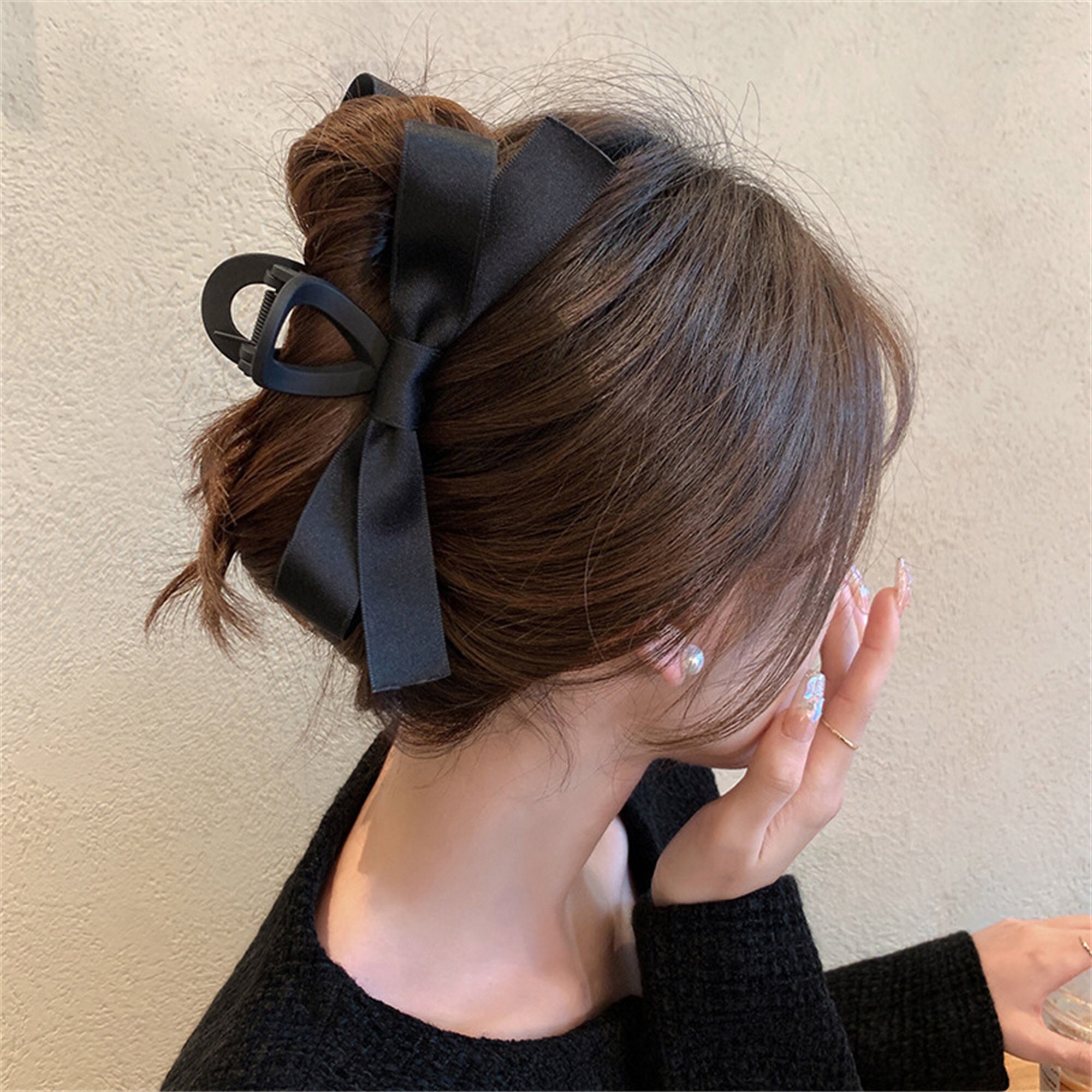 Chanel Vintage Chanel Black Camellia & Large Ribbon Bow Barrette Hair