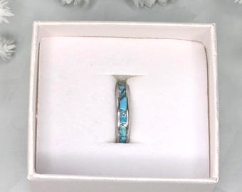 Natural Turquoise Inlay Ring - Raw Kingman Turquoise Gemstone, Handmade, Stainless Steel Band, Hypoallergenic, Boho, December Birthstone