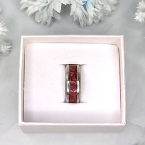 Red Fire Opal Inlay Ring - Handmade, Stainless Steel Band, Hypoallergenic, Wedding, Engagement, Anniversary, Birthday, Valentine's Day Gift