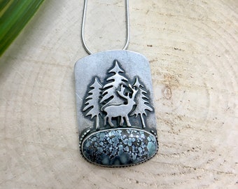 Handmade Sterling Silver Necklace Gemstone Jewelry Variscite Necklace One of a Kind Deer Nature Pendant Star Fox Variscite