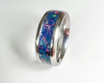 Galaxy Opal Inlay Ring - Glow in the Dark Ring, Stainless Steel Band, Space Blue Gemstone Ring, Wedding, Engagement, Anniversary, Birthday
