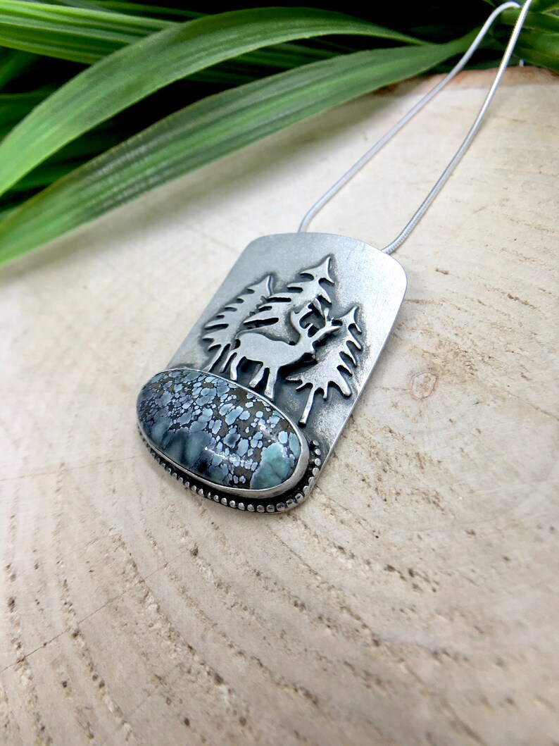 Handmade Sterling Silver Necklace Gemstone Jewelry Variscite Necklace One of a Kind Deer Nature Pendant Star Fox Variscite