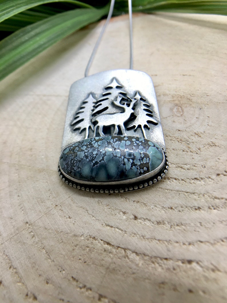 Handmade Sterling Silver Necklace Gemstone Jewelry Variscite Necklace One of a Kind Deer Nature Pendant Star Fox Variscite