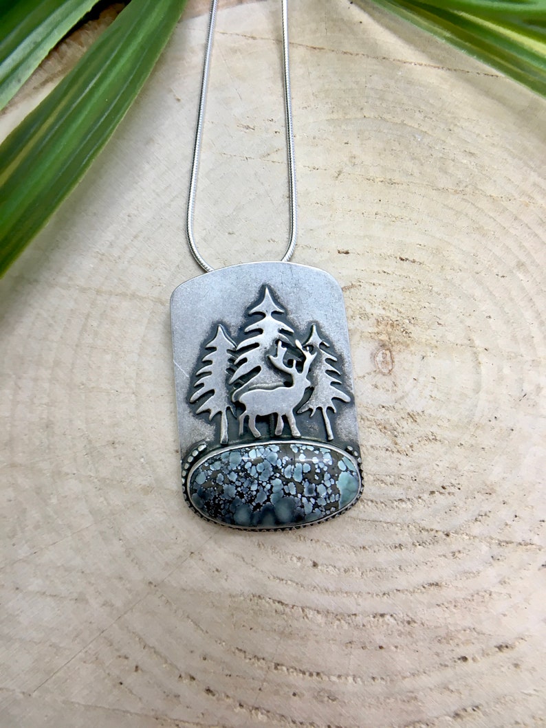 Handmade Sterling Silver Necklace Gemstone Jewelry Variscite Necklace One of a Kind Deer Nature Pendant Star Fox Variscite