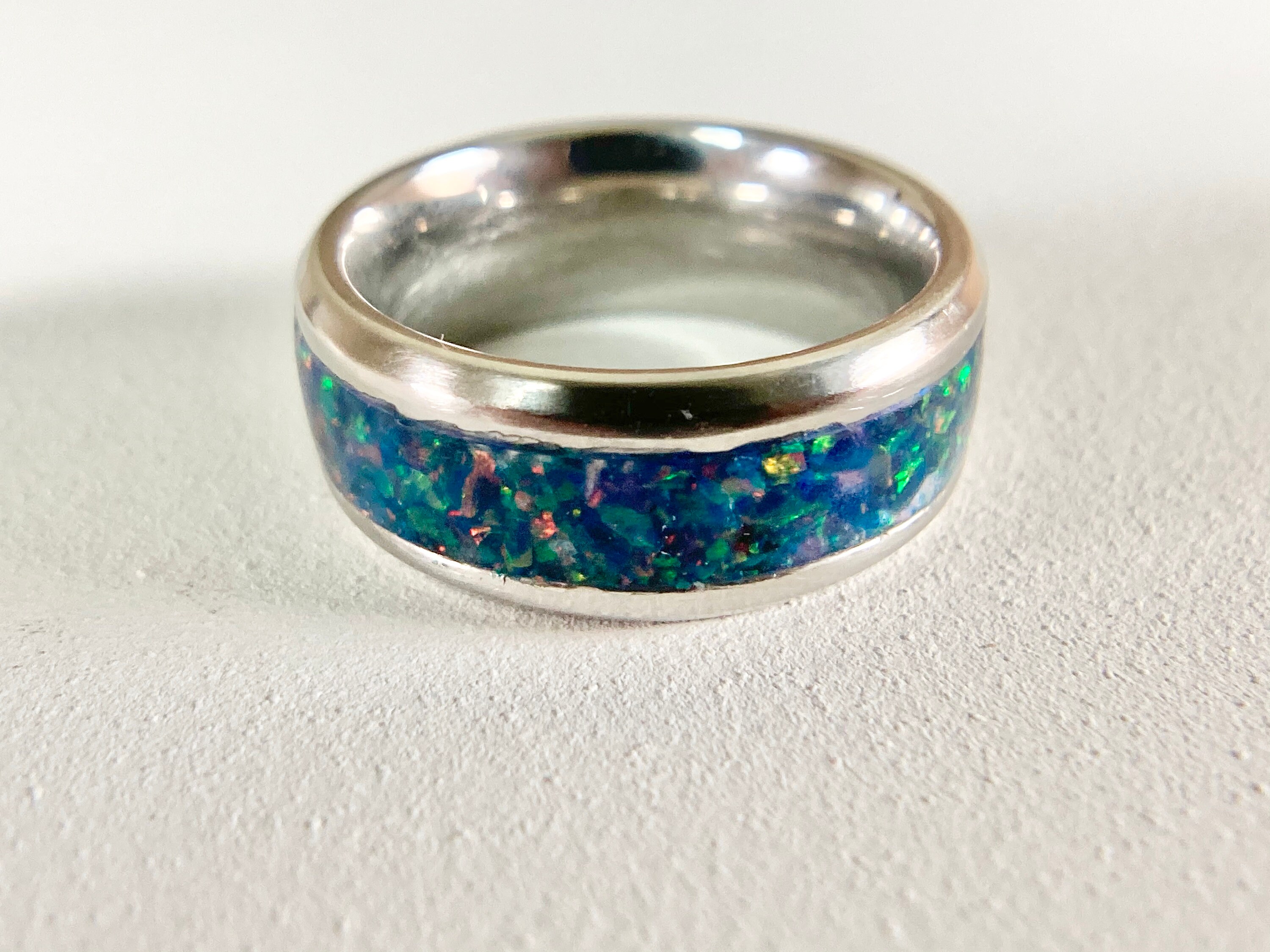 Galaxy Opal Inlay Ring, Glow in the Dark Glowstone Ring, Stainless Steel Band, Space Blue