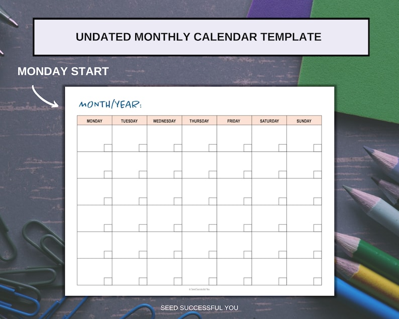 Undated Calendar Template Printable Monthly Calendar Bill Etsy