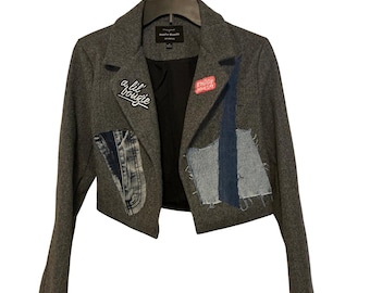 Gray Cropped Denim Patch Jacket – Herringbone Tweed Blazer