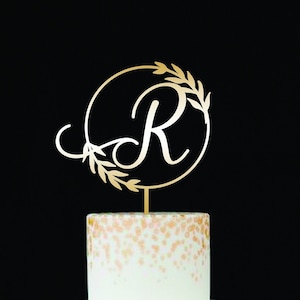 Customized Wooden Cake Topper for Wedding Personalized Rustic Cake Topper R Monogram cake topper Floral Letter R wedding cake topper gold