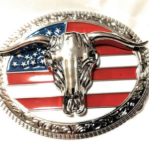 Belt Buckle western steer cowboy skull bull roping rodeo buckle red white blue chrome US seller  3.85 &quot; wide X 3&quot; tall