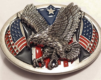 Klassieke Amerikaanse EAGLE Full Metal riem gesp land Western mb1 usa verkoper zilver kleine donkerblauwe tinten rood blauw, mooie gesp