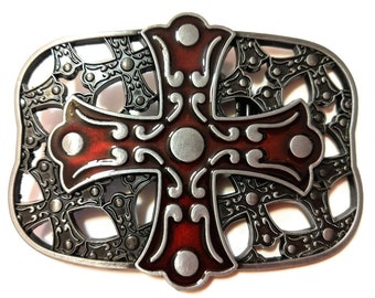 Beautiful Medievel Style Cross Design  Belt Buckle dark red and Antique Silver color scroll design US seller CRS11 3.75"x2.75"