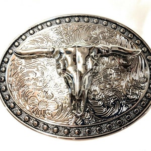 Hebilla de cinturón con diseño de calavera de vaquero y toro, estilo rodeo, vendedor estadounidense BRSf4, 9,85 cm de ancho x 7,6 cm de alto.