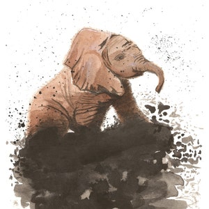 Elephant Bath, Giclée Print of Watercolor Painting