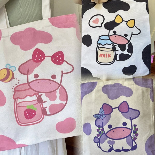 Cow Tote Bags, Strawberry Cow Tote Bag, Cute Kawaii Pastel Pink Purple Cow Print Canvas Bag