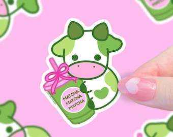Matcha Cow Sticker, Kawaii Stickers, Water Bottle Stickers, Matcha Latte Pastel Pink Stickers, Matcha Cow