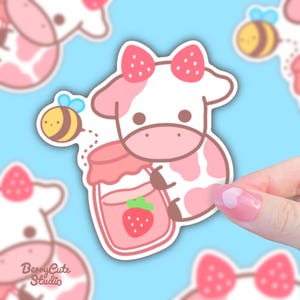 Strawberry Cow Sticker, Kawaii Stickers, Water Bottle Stickers, Cottage Core Pastel Pink Stickers, Fruit Cow