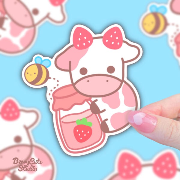 Strawberry Cow Sticker, Kawaii Pastel Pink, Waterproof Laptop Decal