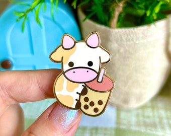 Boba Cow Hard Enamel Pin, Kawaii Bubble Tea Gift