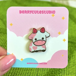 Strawberry Cow Mini Enamel Pin, Cute Kawaii Animal Badge, Cow Gift, Accessory, Berry Cute Studio, Filler