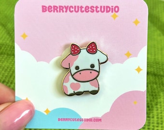 Strawberry Cow Mini Filler Enamel Pin, Cute Kawaii Animal Badge, Cow Gift, Accessory, Berry Cute Studio