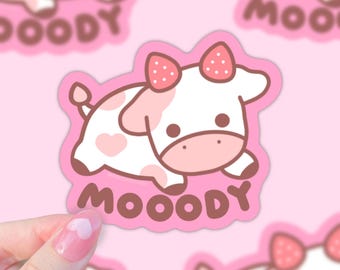 Moody Cow Sticker: Kawaii Pastel Decal, Water bottle, Journal