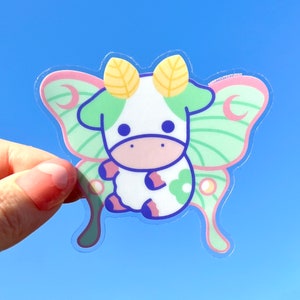 Luna Moth Cow Transparent Vinyl Sticker:  Laptop Stickers- Pastel Stickers - Cute Stickers - Cow Stickers - Water bottle Sticker