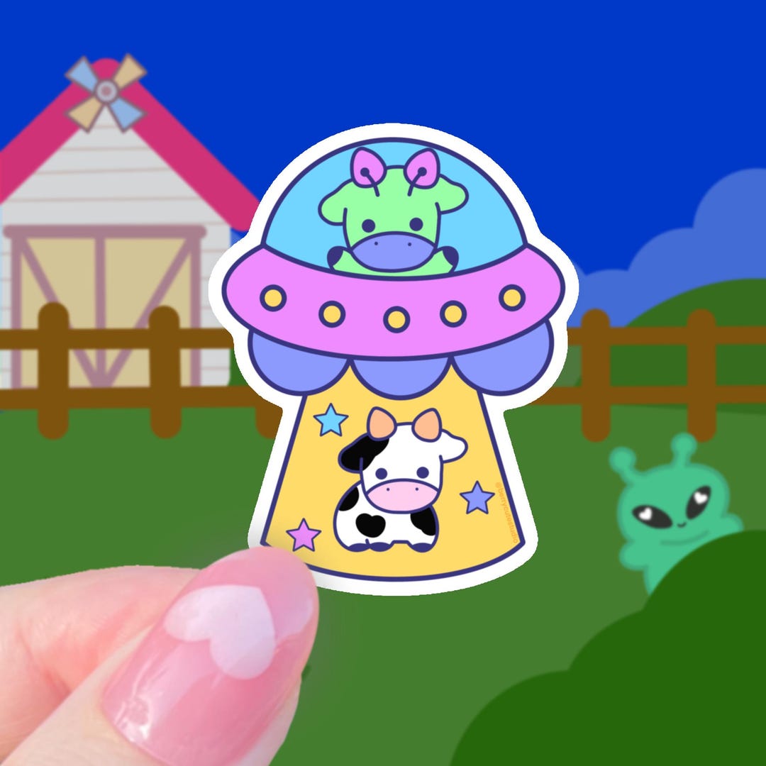 Cow Abduction Sticker: Funny Alien UFO Meme - Waterproof Matte Finish ...